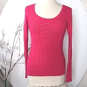 SO Sweater Hot Pink Metallic Thread Scoop Neck Tunic Hi Low Split Hem Y2…